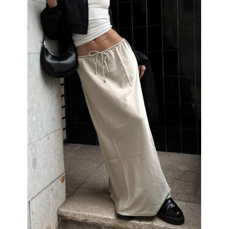 Beli Lastikli Bej Renk Maksi Saten Etek