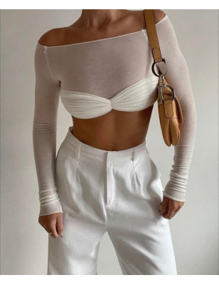 Drapeli Transparan Crop Tasarım Top (Krem)
