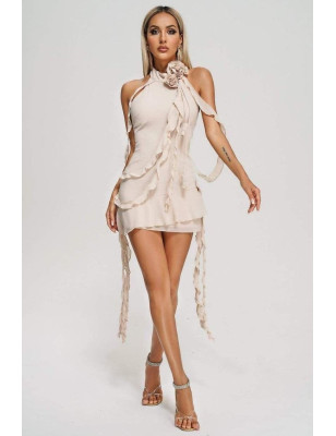 Boynu Güllü Krem Şifon Parçalı Mini Elbise