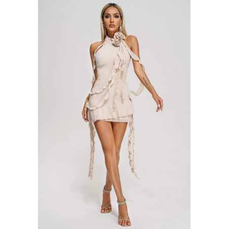 Boynu Güllü Krem Şifon Parçalı Mini Elbise