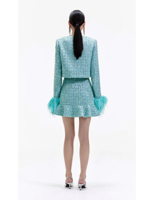 Kristal Taşlı Mint Rengi Premium Tüvid Etek