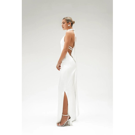 Sırtı İnci Detaylı Halter Yaka Maksi Beyaz Saten Elbise