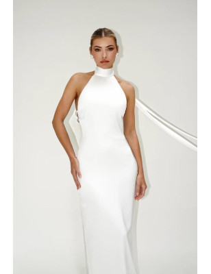 Sırtı İnci Detaylı Halter Yaka Maksi Beyaz Saten Elbise