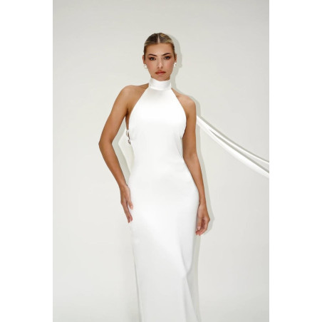 Sırtı İnci Detaylı Halter Yaka Maksi Beyaz Saten Elbise