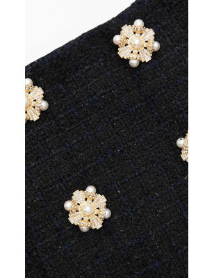 İnci Düğmeli Tasarım Siyah Tüvid Etek