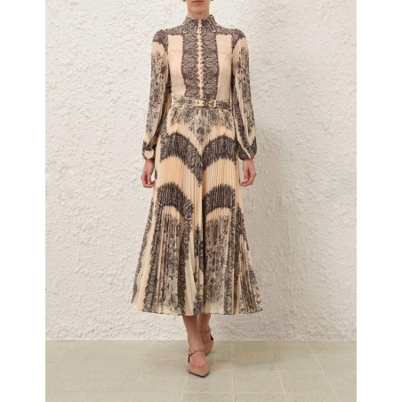 Pileli Kemerli Desenli Şifon Premium Midi Etek