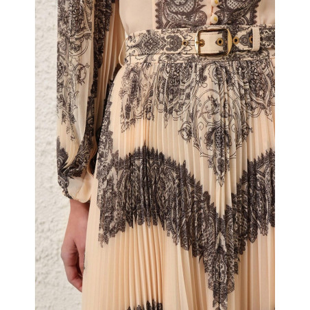 Pileli Kemerli Desenli Şifon Premium Midi Etek