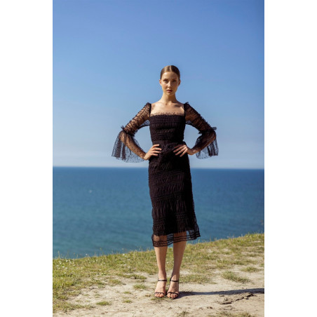 Siyah Pul Detaylı Tasarım Tül Elbise