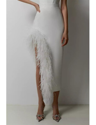Etek Ucu Otrişli Straplez Beyaz Tasarım Elbise
