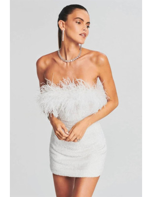 Otrişli Payetli Beyaz Mini Tasarım Elbise