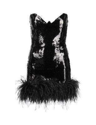 Siyah Payetli Straplez Tasarım Mini Elbise