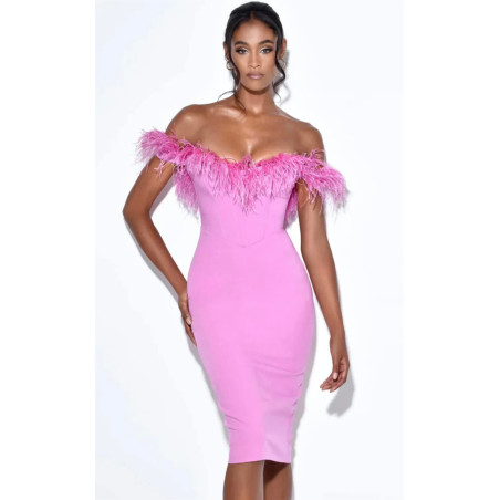 Otrişli Pembe Tasarım Midi Elbise