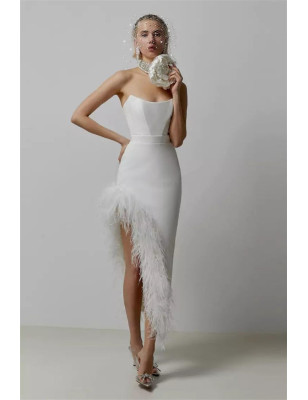 Etek Ucu Otrişli Straplez Beyaz Tasarım Elbise