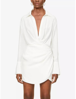 Uzun Kollu Dökümlü Koton Beyaz Mini Elbise