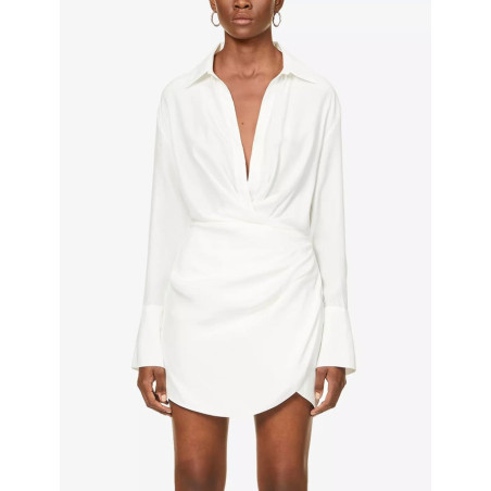 Uzun Kollu Dökümlü Koton Beyaz Mini Elbise