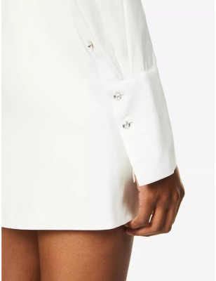 Uzun Kollu Dökümlü Koton Beyaz Mini Elbise