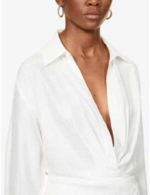 Uzun Kollu Dökümlü Koton Beyaz Mini Elbise