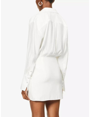 Uzun Kollu Dökümlü Koton Beyaz Mini Elbise