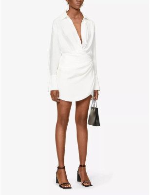 Uzun Kollu Dökümlü Koton Beyaz Mini Elbise