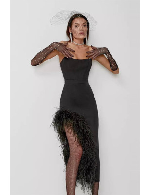 Etek Ucu Otrişli Straplez Siyah Tasarım Elbise