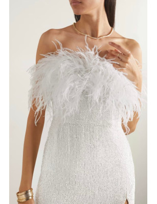 Göğsü Otrişli Payetli Yırtmaçlı Maksi Tasarım Beyaz Elbise