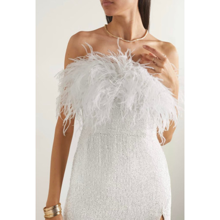 Göğsü Otrişli Payetli Yırtmaçlı Maksi Tasarım Beyaz Elbise