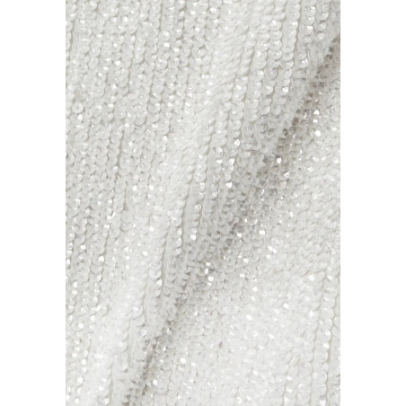 Göğsü Otrişli Payetli Yırtmaçlı Maksi Tasarım Beyaz Elbise