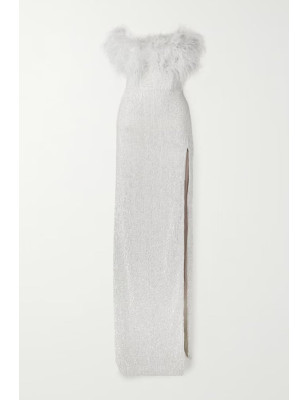 Göğsü Otrişli Payetli Yırtmaçlı Maksi Tasarım Beyaz Elbise