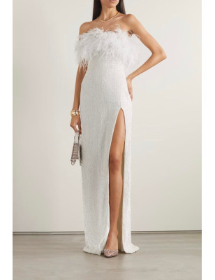 Göğsü Otrişli Payetli Yırtmaçlı Maksi Tasarım Beyaz Elbise