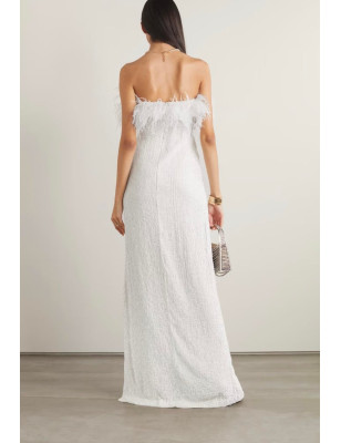 Göğsü Otrişli Payetli Yırtmaçlı Maksi Tasarım Beyaz Elbise