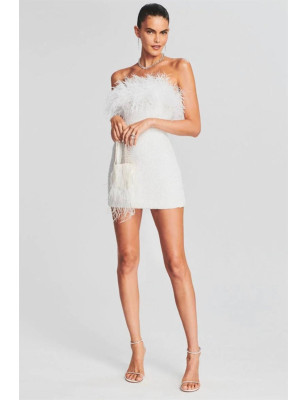 Otrişli Payetli Beyaz Mini Tasarım Elbise