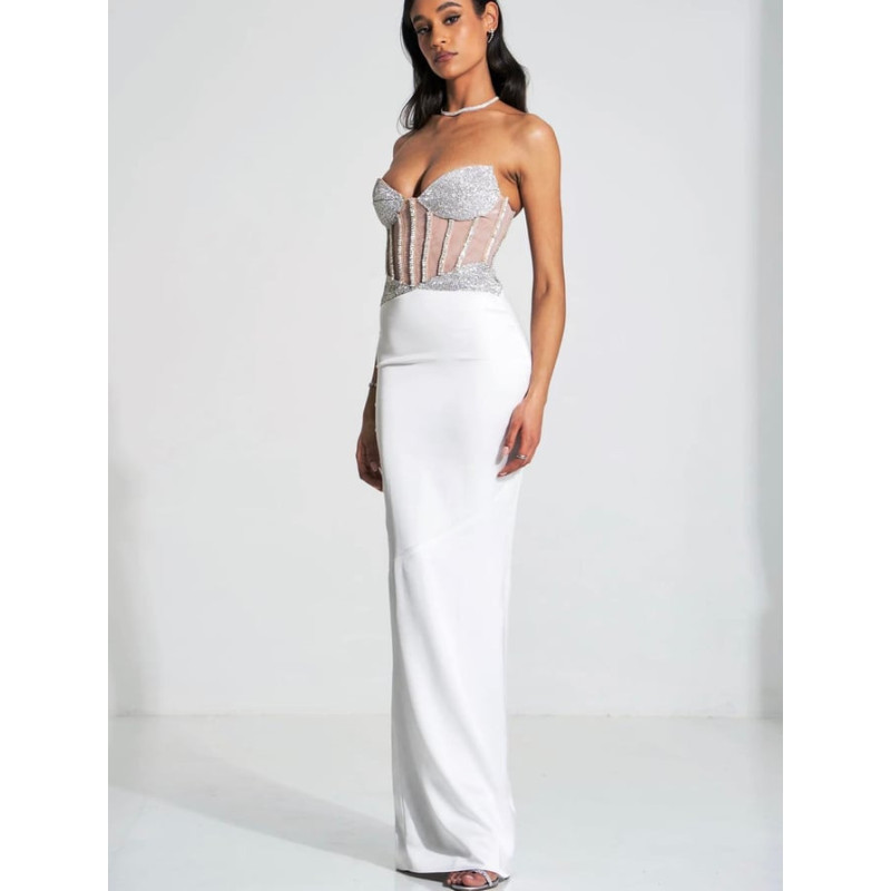 Göğsü Kristal Taşlı Vücudu Saran Saten Tasarım Elbise