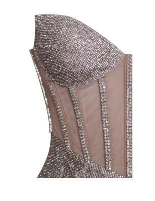 Göğsü Kristal Taşlı Vücudu Saran Saten Tasarım Elbise