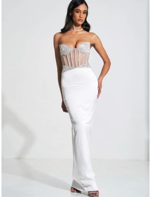 Göğsü Kristal Taşlı Vücudu Saran Saten Tasarım Elbise