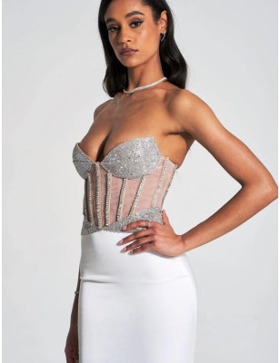 Göğsü Kristal Taşlı Vücudu Saran Saten Tasarım Elbise