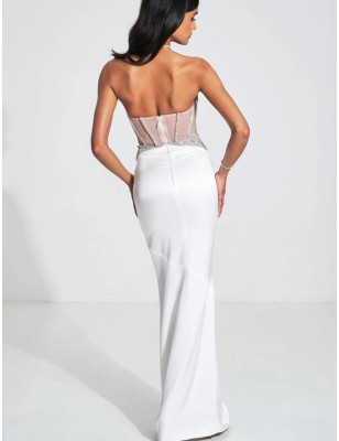 Göğsü Kristal Taşlı Vücudu Saran Saten Tasarım Elbise