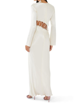 Beli İp Detaylı Beyaz Saten Maksi Tasarım Elbise