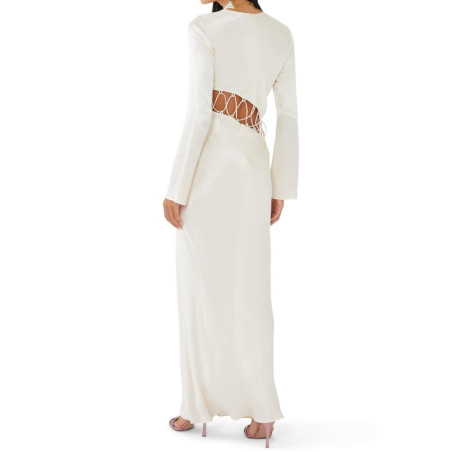 Beli İp Detaylı Beyaz Saten Maksi Tasarım Elbise