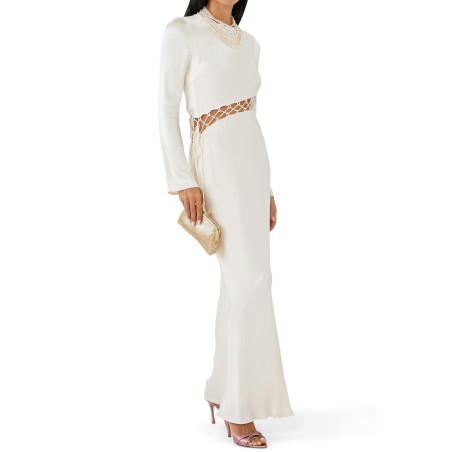 Beli İp Detaylı Beyaz Saten Maksi Tasarım Elbise