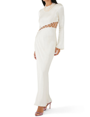 Beli İp Detaylı Beyaz Saten Maksi Tasarım Elbise