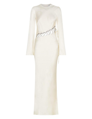 Beli İp Detaylı Beyaz Saten Maksi Tasarım Elbise