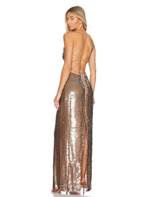 İp Askılı Payetli Kahverengi Tasarım Elbise