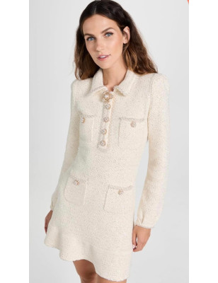 Kristal Düğmeli Beyaz Premium Triko Elbise