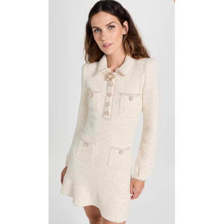 Kristal Düğmeli Beyaz Premium Triko Elbise