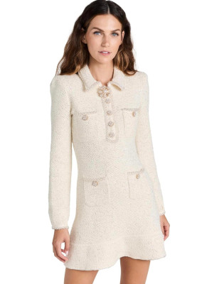 Kristal Düğmeli Beyaz Premium Triko Elbise