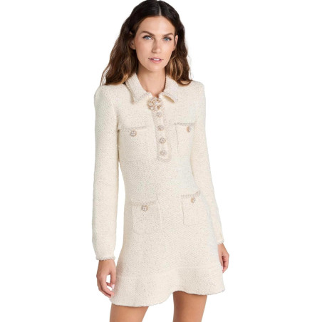 Kristal Düğmeli Beyaz Premium Triko Elbise