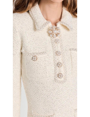 Kristal Düğmeli Beyaz Premium Triko Elbise