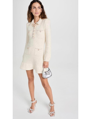 Kristal Düğmeli Beyaz Premium Triko Elbise