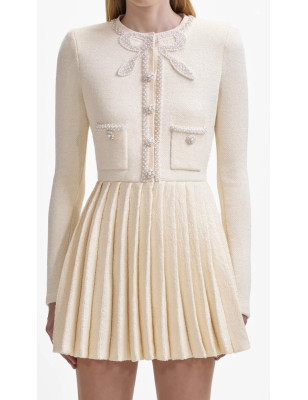 İnci İşlemeli Kurdele Detaylı Premium Beyaz Triko Elbise