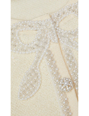 İnci İşlemeli Kurdele Detaylı Premium Beyaz Triko Elbise